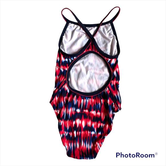 TYR Durafast Women’s One Piece Swimming Suit Racer Back Size 34 Red Navy Tie-Dye - Picture 2 of 5